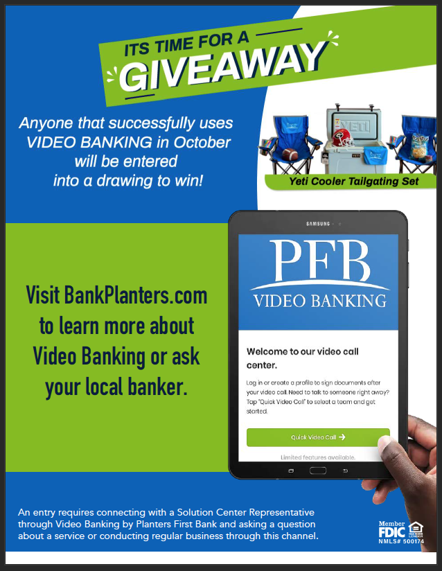 Video Banking Giveaway Flyer for October 2021.